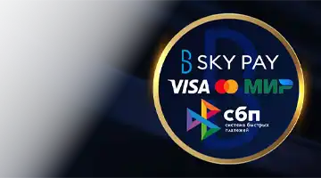 Изображение популярных платежных логотипов, таких как Visa, Mastercard и МИР, а также Sky Pay, подчеркивающее гибкость платежей в Казино Enomo онлайн-казино.